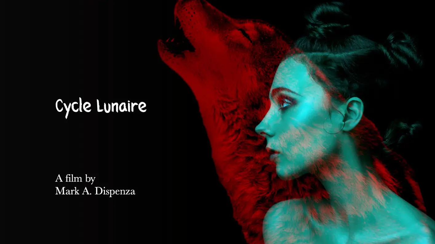 Poster of “Cycle Lunaire” with a woman and a red wolf