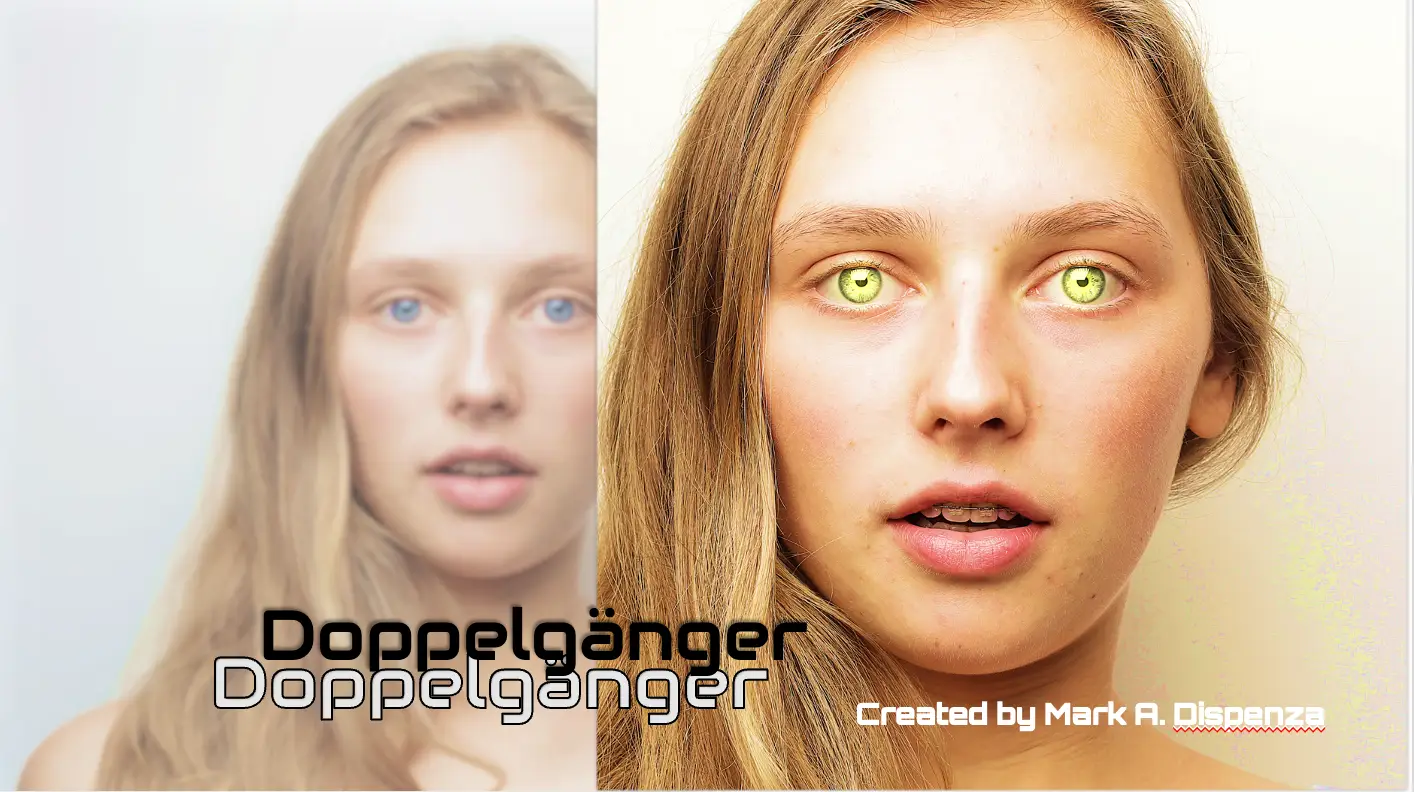 Poster of “Doppelgänger” with two photos of a woman with blue eyes and green eyes